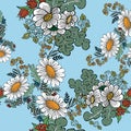 Decorative meadow flowers on blue background. Seamless pattern.